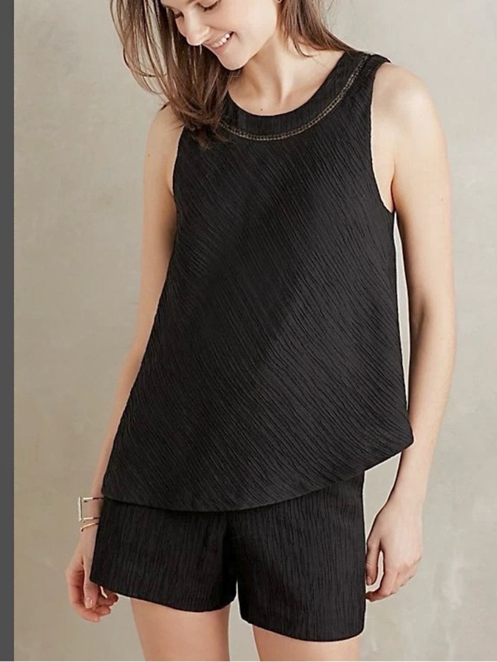 Anthropologie Elevenses Santa Ana Black Sleeveless Textured Romper S Keyhole
